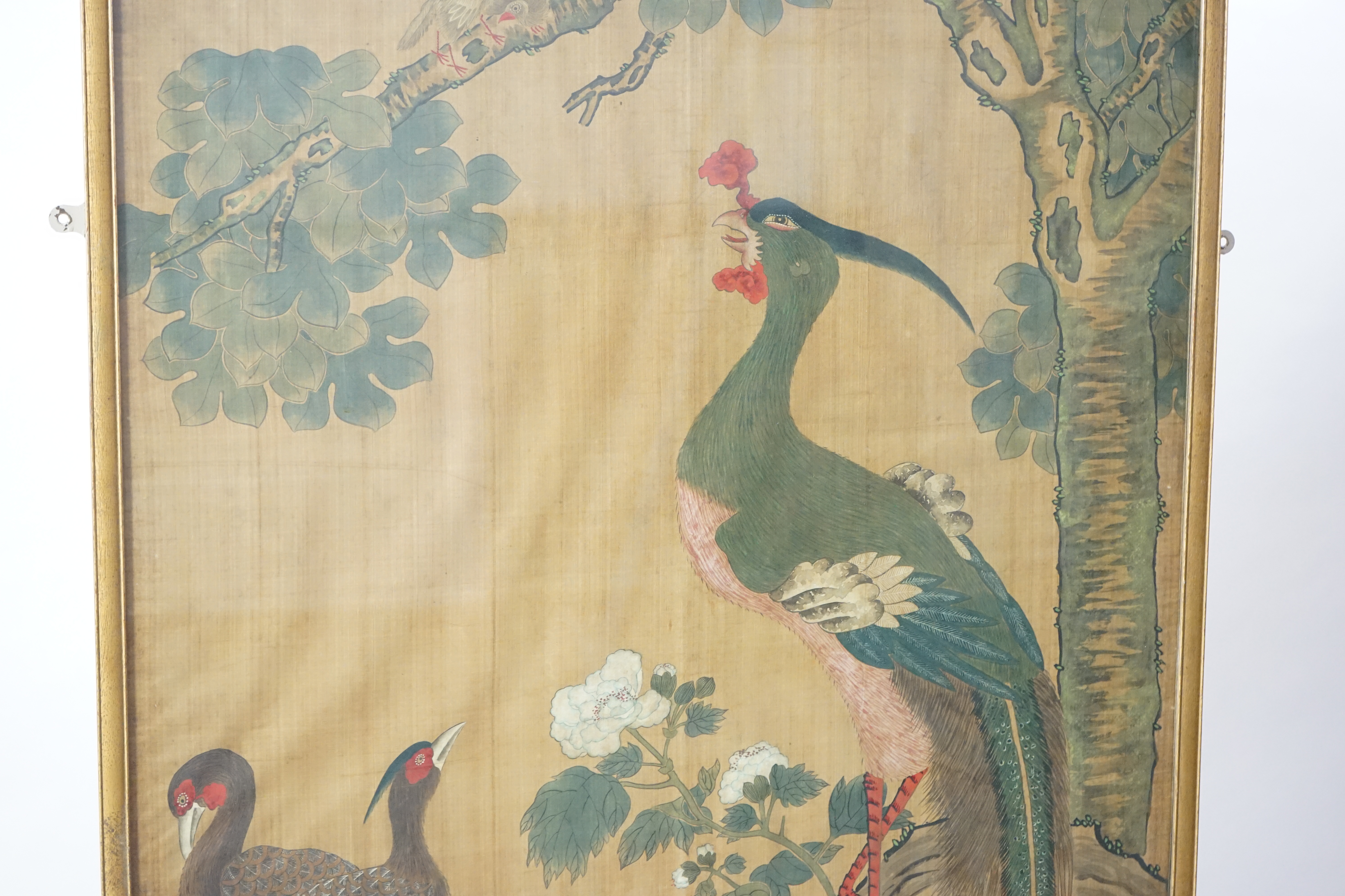 A large Chinese painting on silk of birds, late 19th/early 20th century, signed Lu Ji